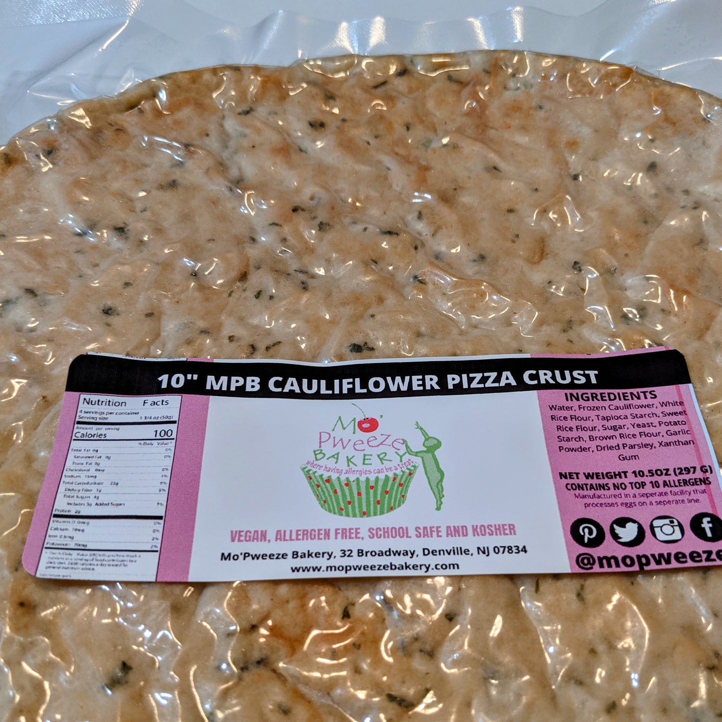 Make your own Pizza at home with our 10" Cauliflower Pizza Crust. Take it out of the freezer, top with your favorite sauce and toppings and pop in the over for an easy, allergen free pizza night