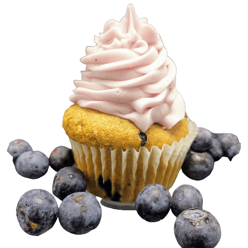 A blueberry flavored cupcake with chocolate chip sprinkled throughout for an extra bite of goodness.