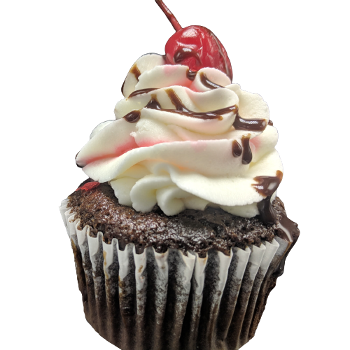 Chocolate Cupcake with Vanilla Frosting and topped with a Marascino Cherry and Chocolate drizzle.