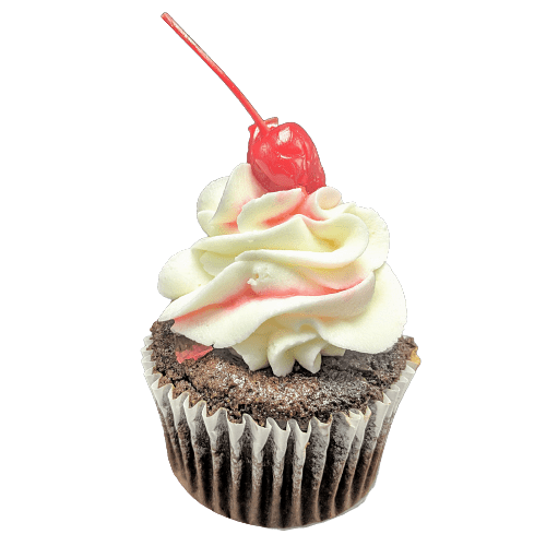 A heavenly combination of Cherry filled Chocolate cupcake with cherry frosting and topped with a sweet maraschino cherry.